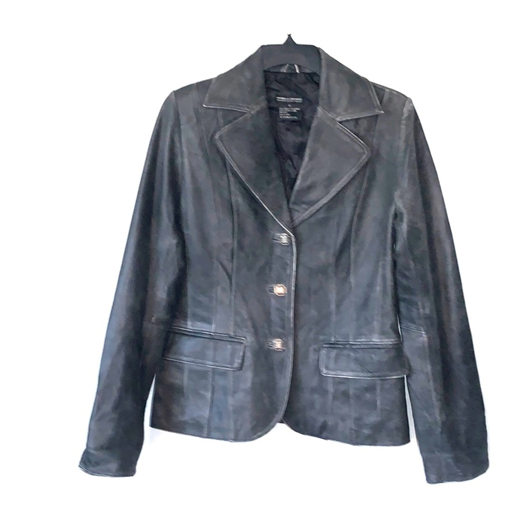Pamela Dennis black distressed leather jacket EUC